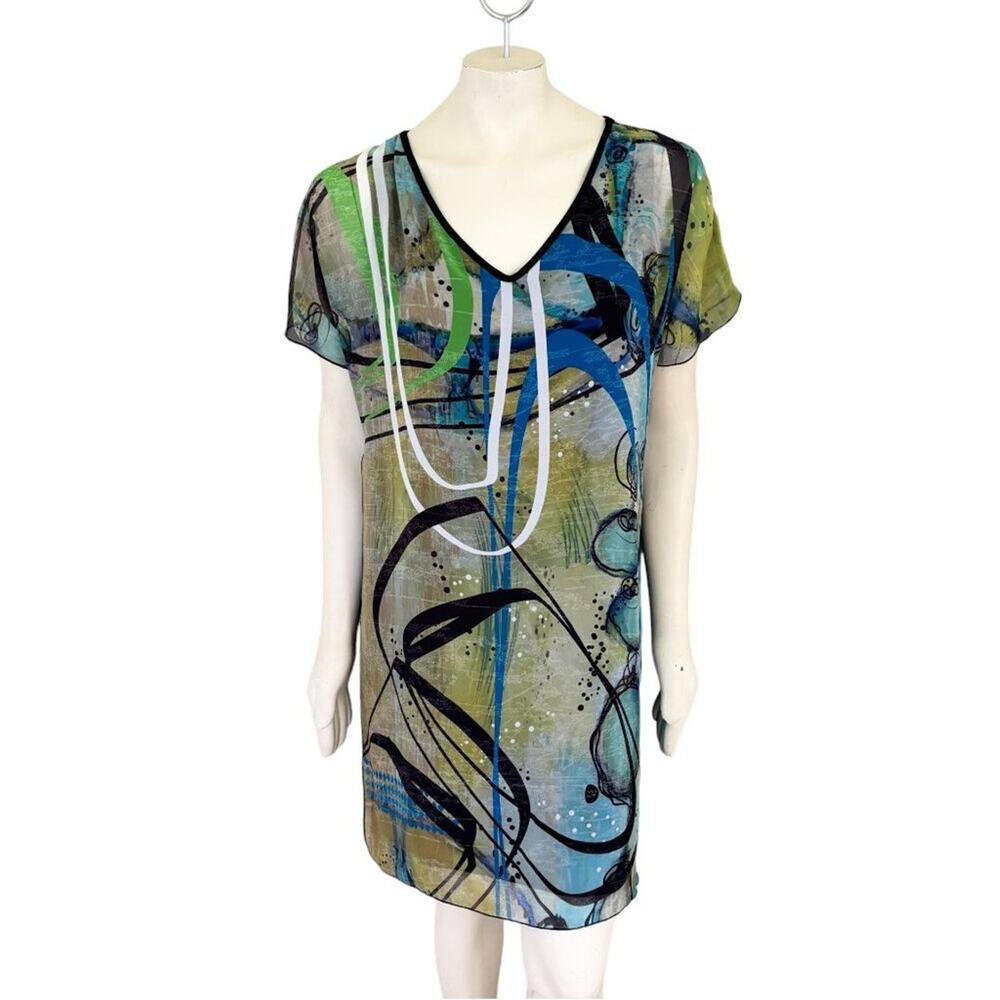 NEW VOLT DESIGN Abstract Print Art to Wear Short Sleeve Chiffon Dress  SZ M